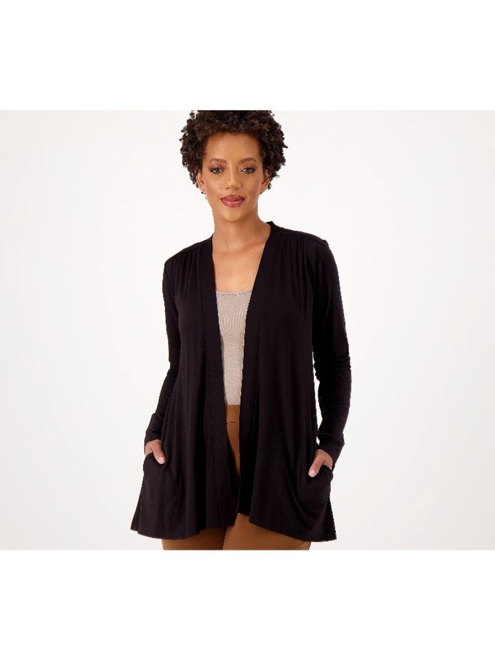 Susan Graver Lifestyle Cardigan XXS Regular Spa Knit Open Front Black Career NEW